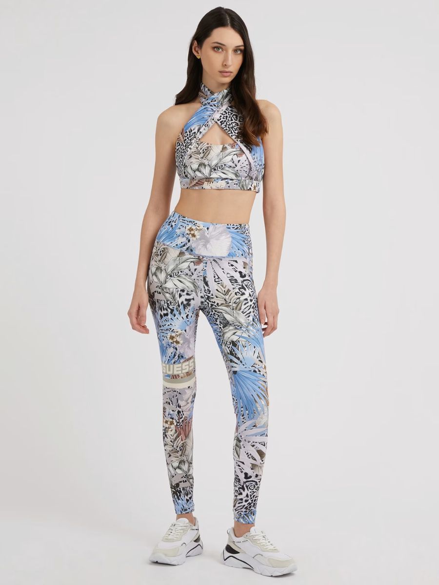 Guess Carlene Active trópusi mintás, keresztpántos melltartó – kék | Ujjatlan