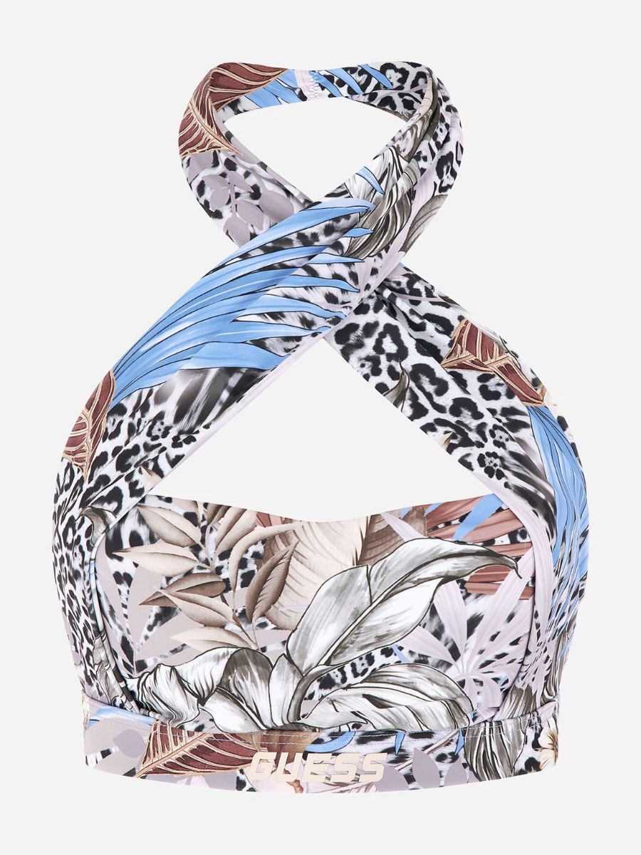 Guess Carlene Active trópusi mintás, keresztpántos melltartó – kék | Ujjatlan