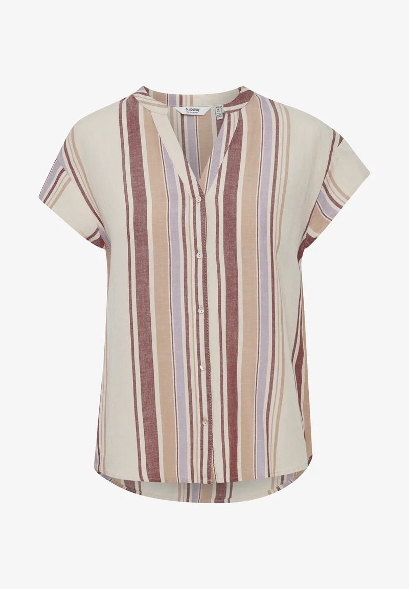 b.young BYHamia Striped Button-Down Blouse - Beige Multi