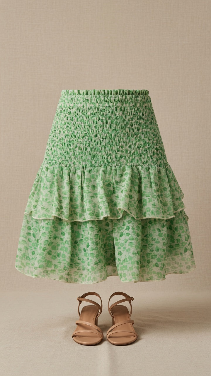 Neo Noir Carin Tündérzöld Virágmintás Gumis Derekú Miniszoknya – Emeletes Fodor | Női