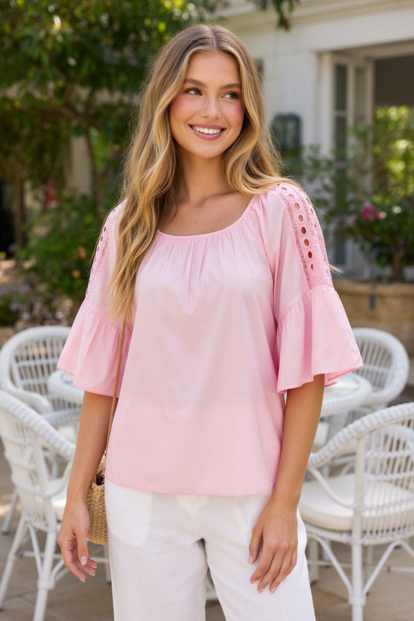 Sorbet Kasmira Boat Neck Blouse with Lace Sleeves