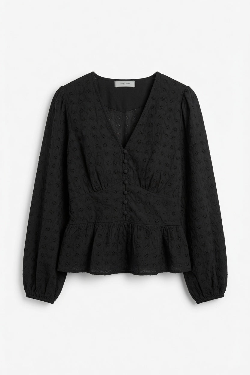 Neo Noir peplum blúz – fekete | Női hímzett V-nyakú felső