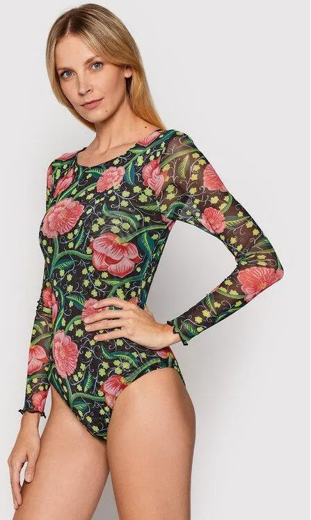 Desigual Virágmintás Bodysuit - Fekete Alapon Rózsaszín Virágokkal