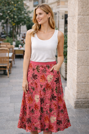 Part Two Floral Print Midi Skirt - Pink with Burgundy & Cream