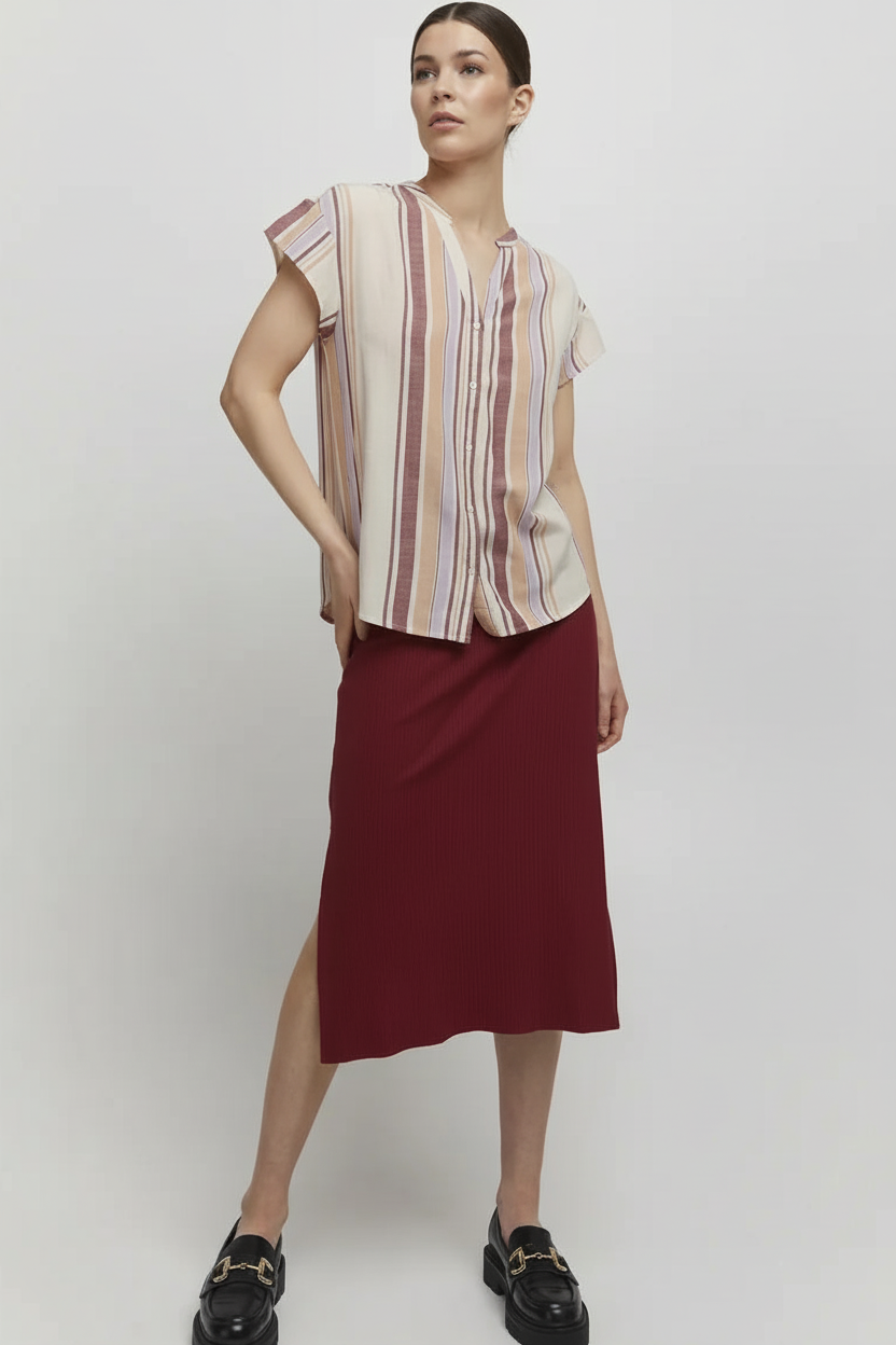 b.young BYHamia Striped Button-Down Blouse - Beige Multi