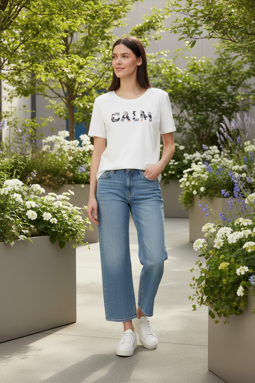 Woman wearing s.Oliver CALM graphic t-shirt outdoors