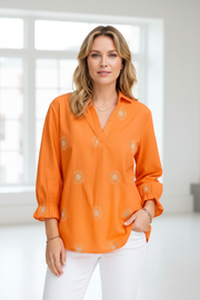 Sorbet Gilsa Embroidered V-Neck Blouse in Tangerine Orange
