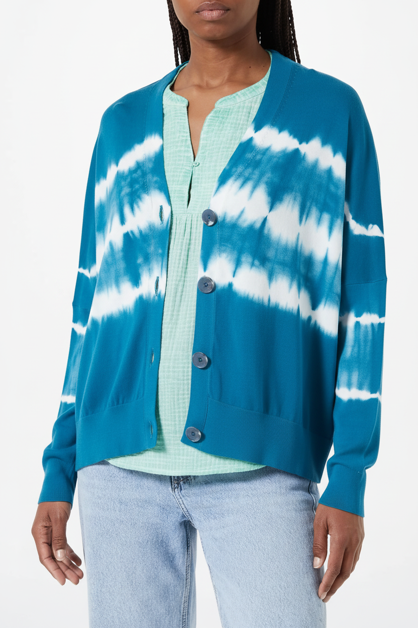 Close-up detail of tie-dye pattern and buttons