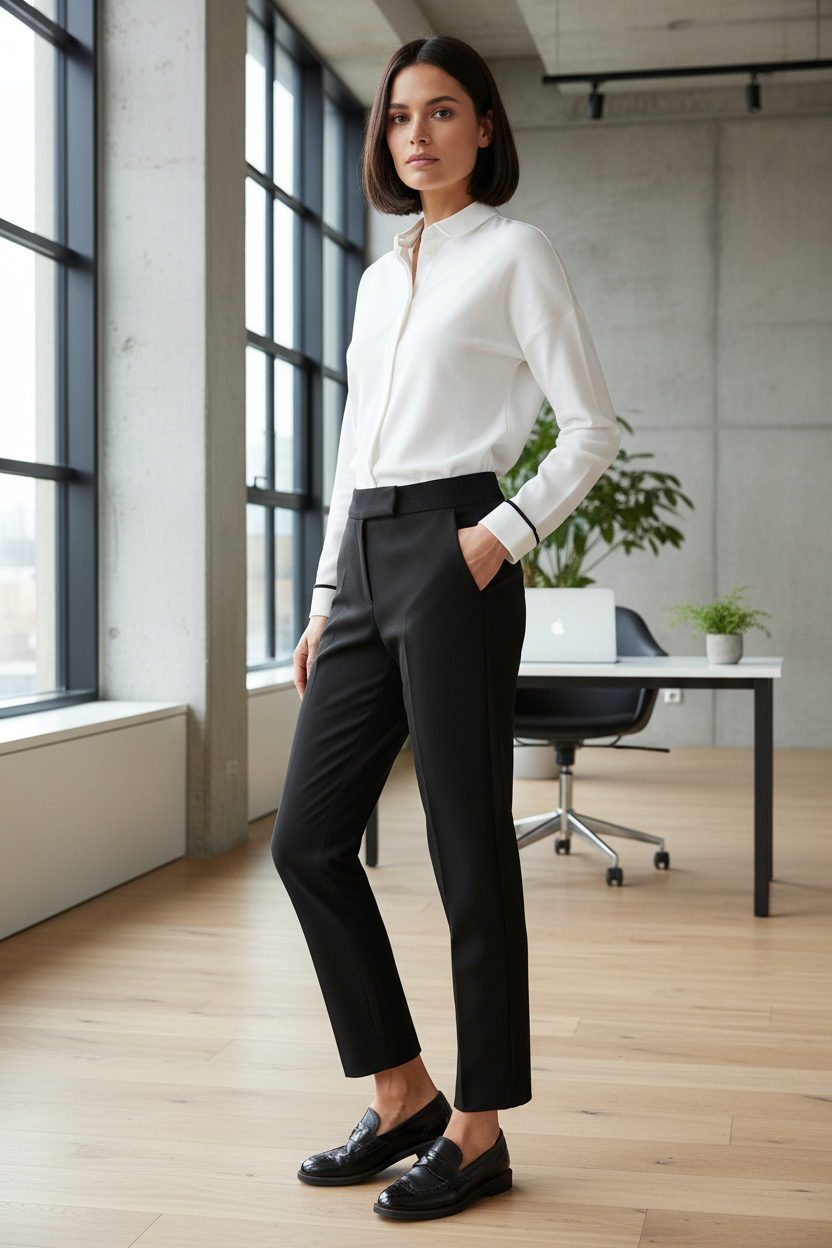 Lifestyle shot of s.Oliver black trousers in modern office