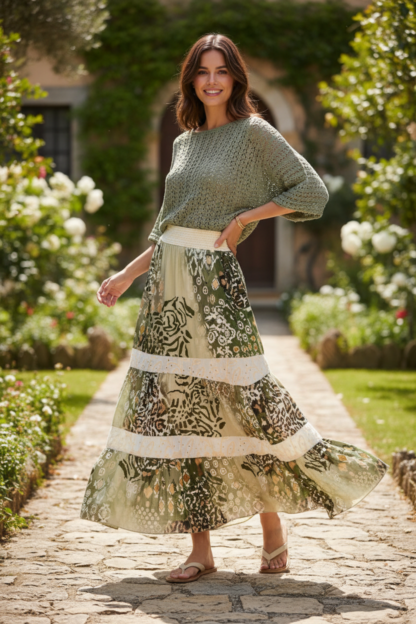 Sorbet Alona Többsoros Maxi Szoknya Állatmintával - Krém és Zsálya