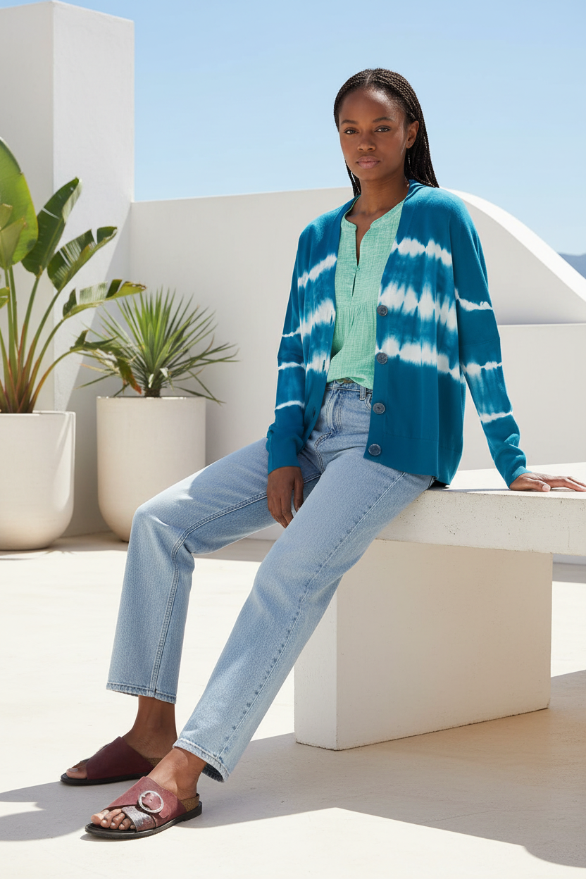 Woman wearing turquoise tie-dye cardigan outdoors