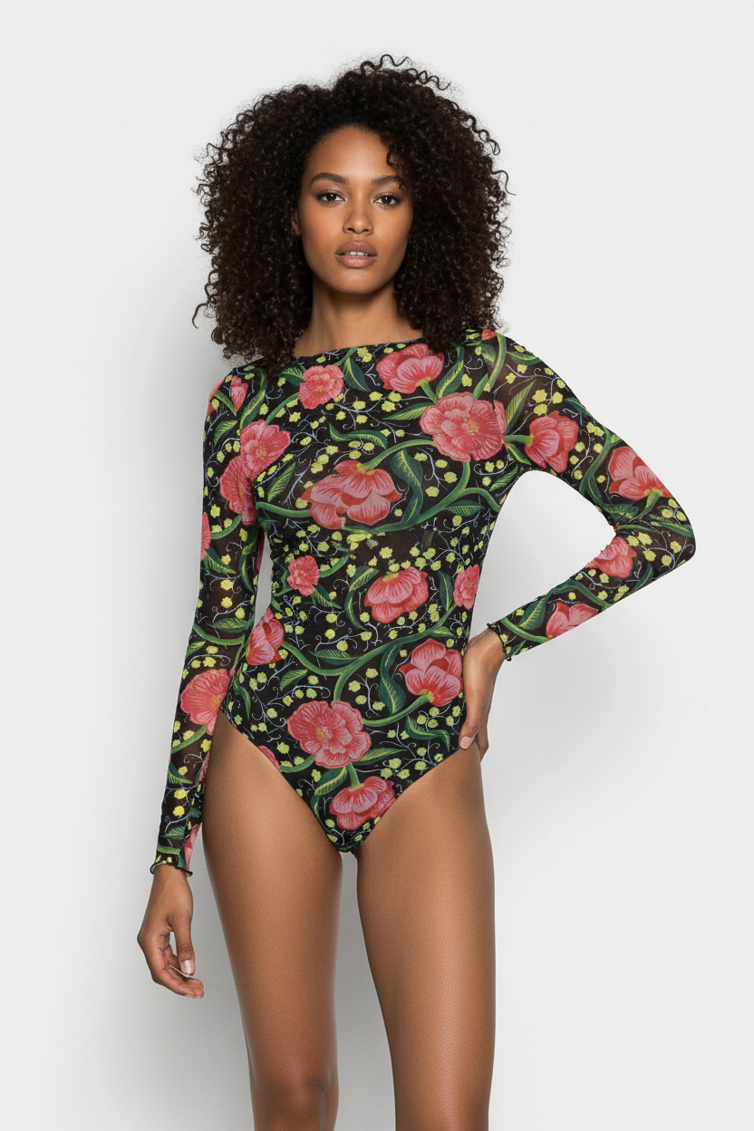 Desigual Floral Bodysuit - Black with Pink Flowers