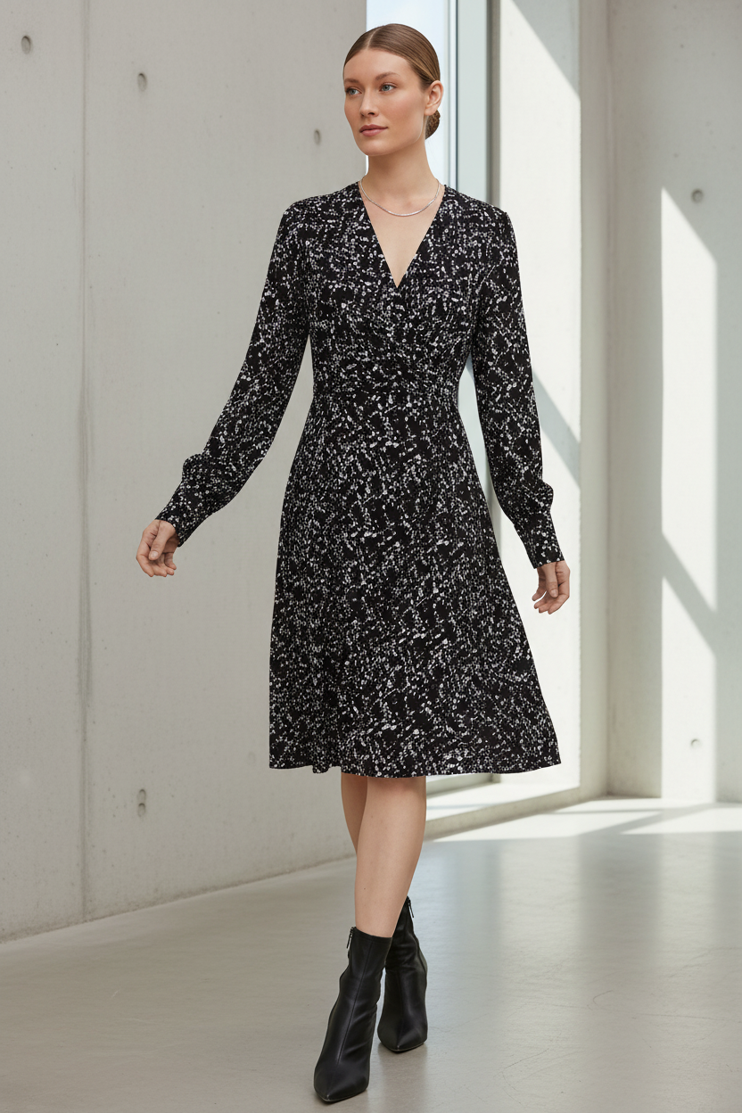 Comma Abstract Splatter Print V-Neck Dress - Black