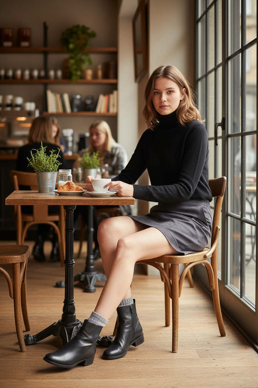 Woman wearing s.Oliver grey skirt in café setting