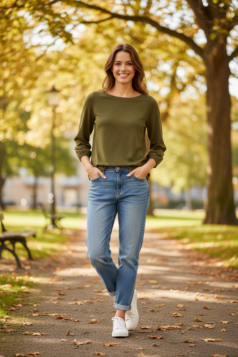 Woman wearing s.Oliver olive green top outdoors