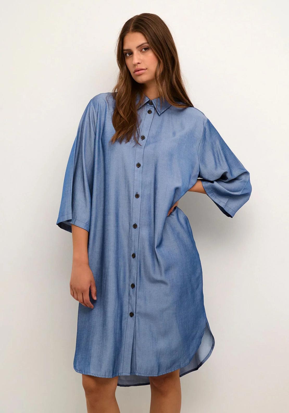 Kaffe Leonora Chambray Blue Túlméretezett Ingruha – 3/4 Ujjú, Rakott Hátú Midi | Női