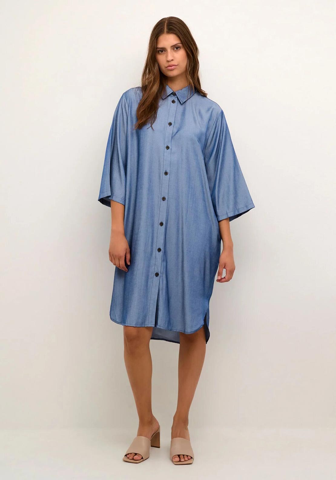 Kaffe Leonora Chambray Blue Túlméretezett Ingruha – 3/4 Ujjú, Rakott Hátú Midi | Női