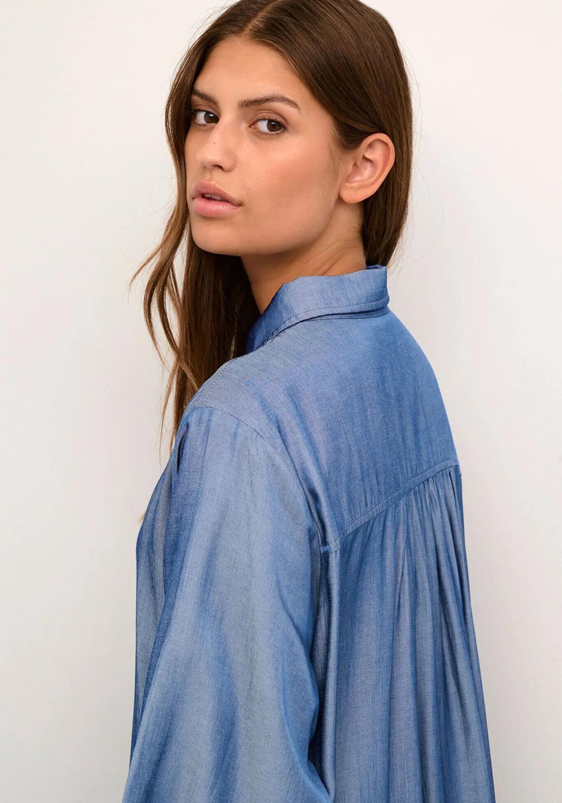 Kaffe Leonora Chambray Blue Túlméretezett Ingruha – 3/4 Ujjú, Rakott Hátú Midi | Női