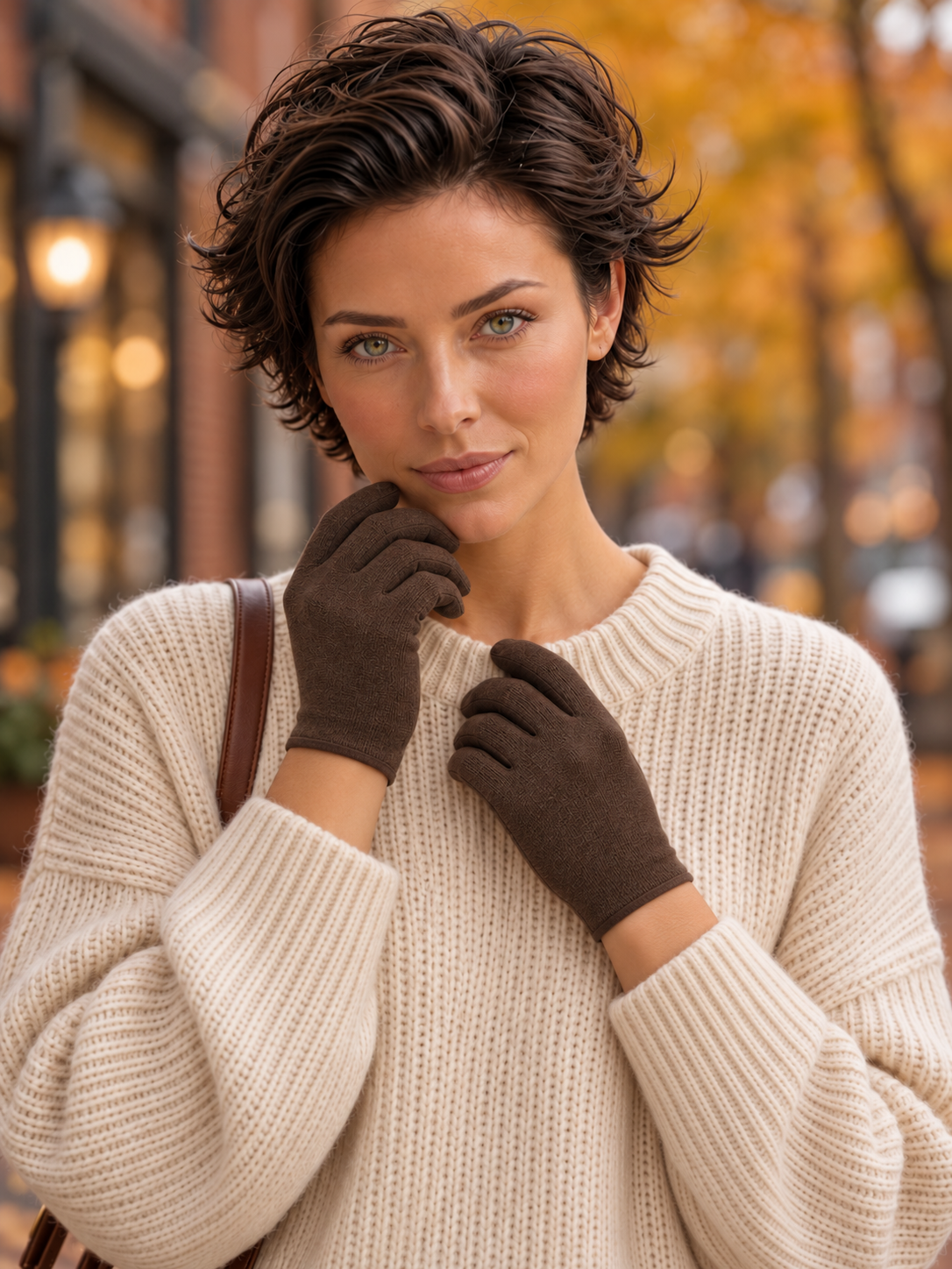 Woman wearing MSCH Riin gloves in Army with a cream knitted jumper on an autumn street, showing the close-fitting shape.