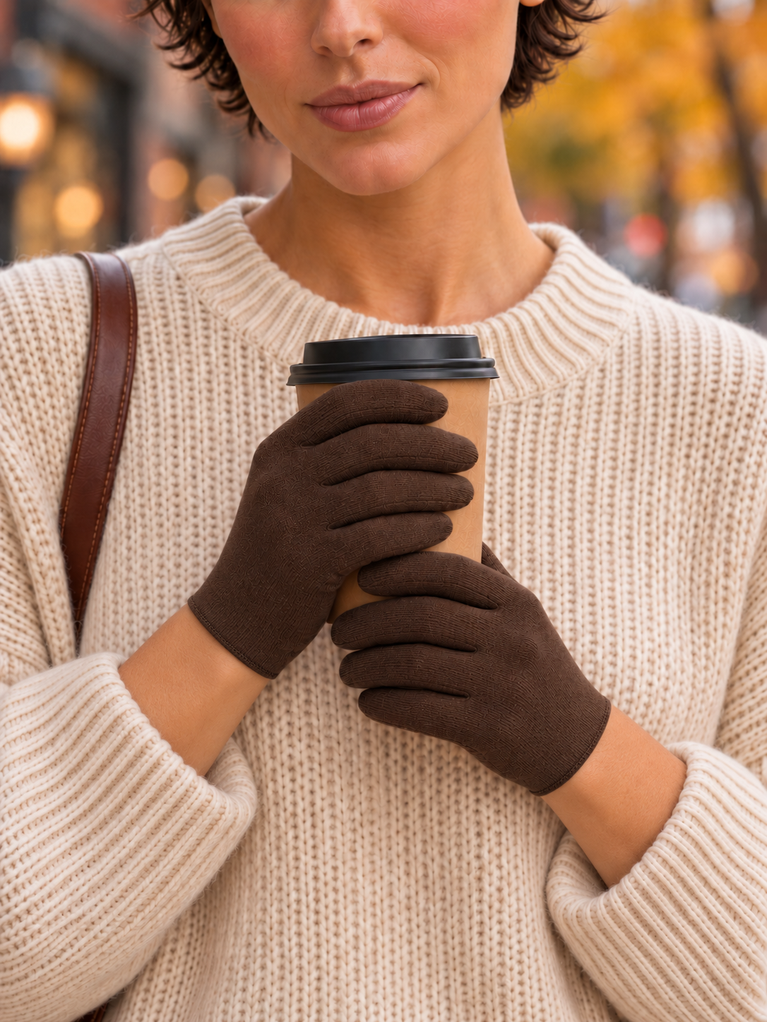 Woman wearing MSCH Riin gloves in Army while holding a takeaway coffee cup, paired with a cream knitted jumper outdoors.