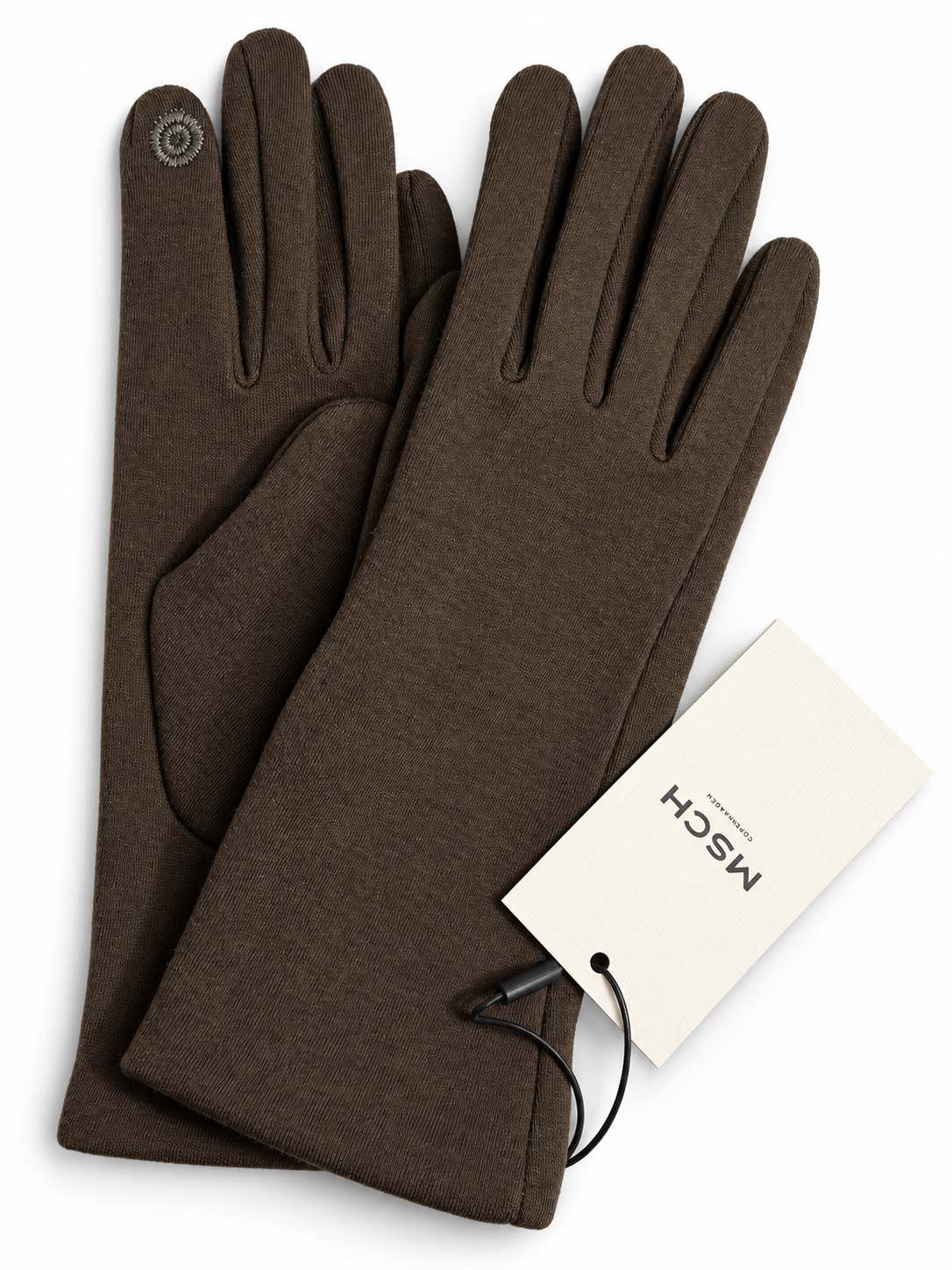 MSCH Copenhagen Riin gloves in Army on a white background, with the brand tag, slim cuffs and circular fingertip detail visible.