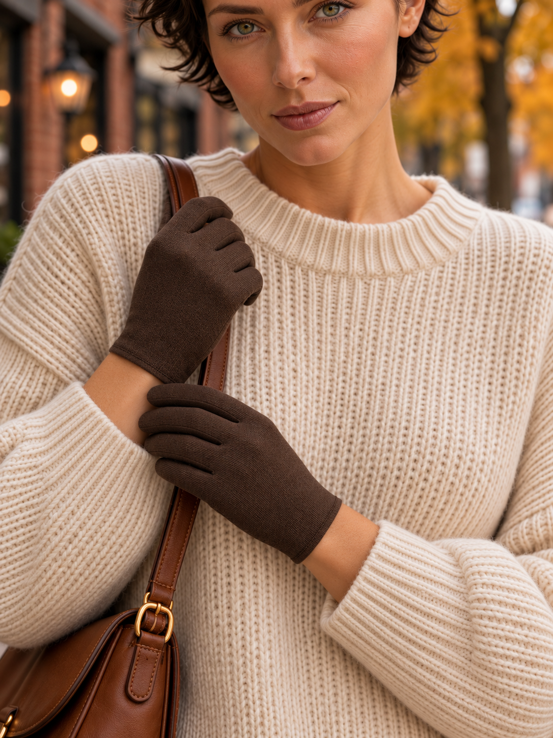 Close-up of MSCH Riin gloves in Army worn with a cream knitted jumper, with one hand holding a brown shoulder-bag strap.