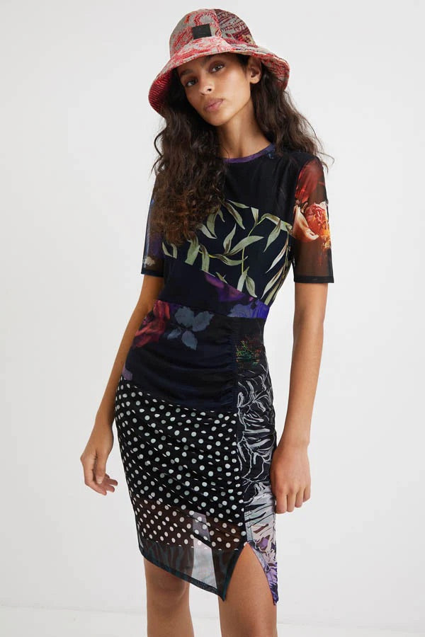 Desigual Amber Patchwork Mesh Mini Dress – Black Multicolour