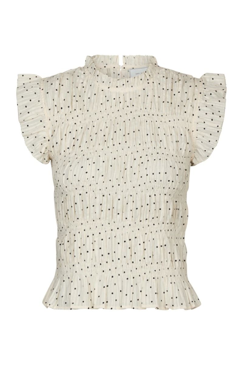 Neo Noir Tarsi Dot Cream Smocked Ruffle Sleeve Felső – Magas Nyakú Peplum | Női