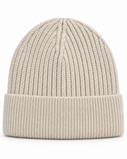 Light beige s.Oliver women’s textured knit beanie with a wide folded ribbed cuff, front view.