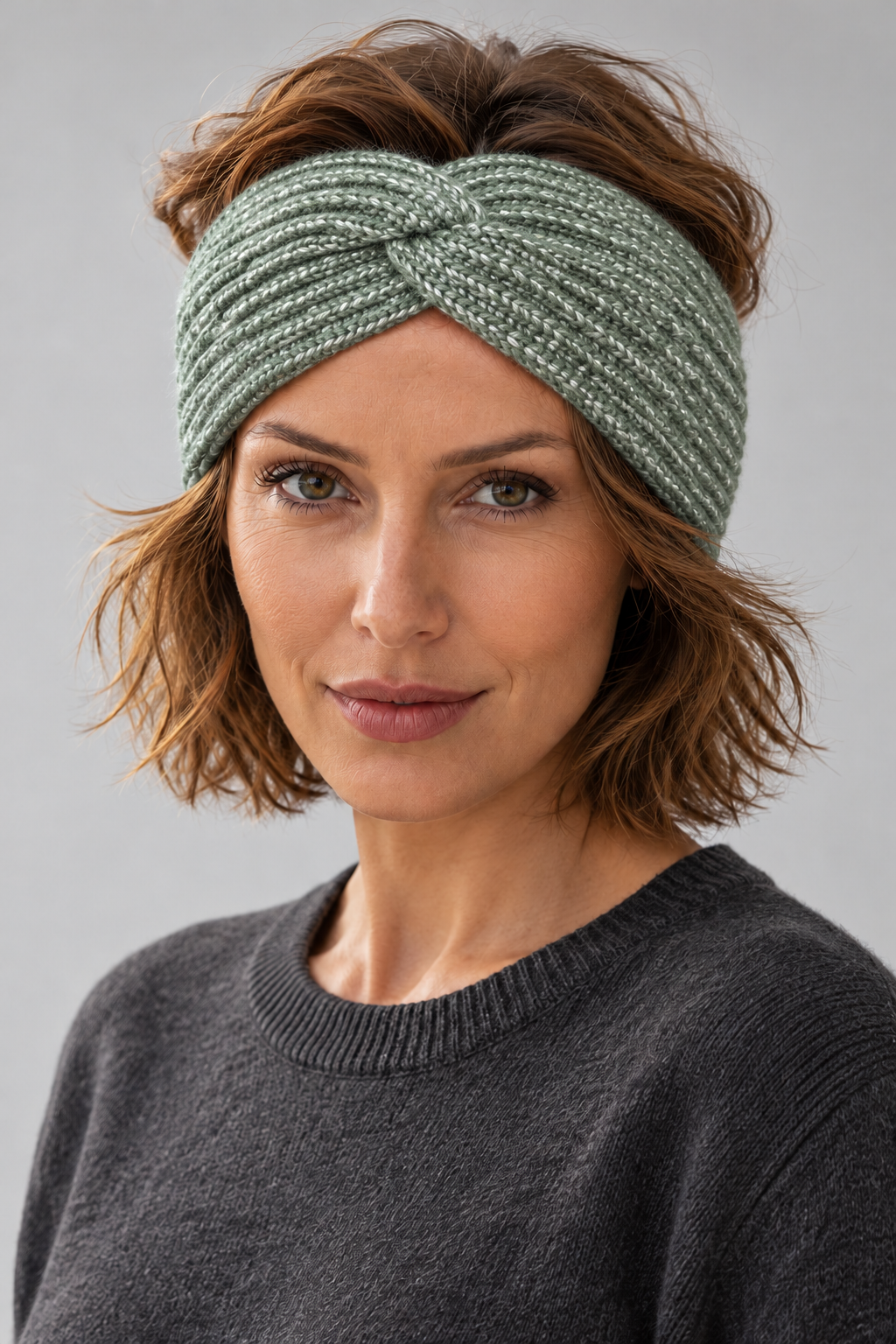 Green melange s.Oliver women’s knitted headband with a twist front and visible brand label on a white background.