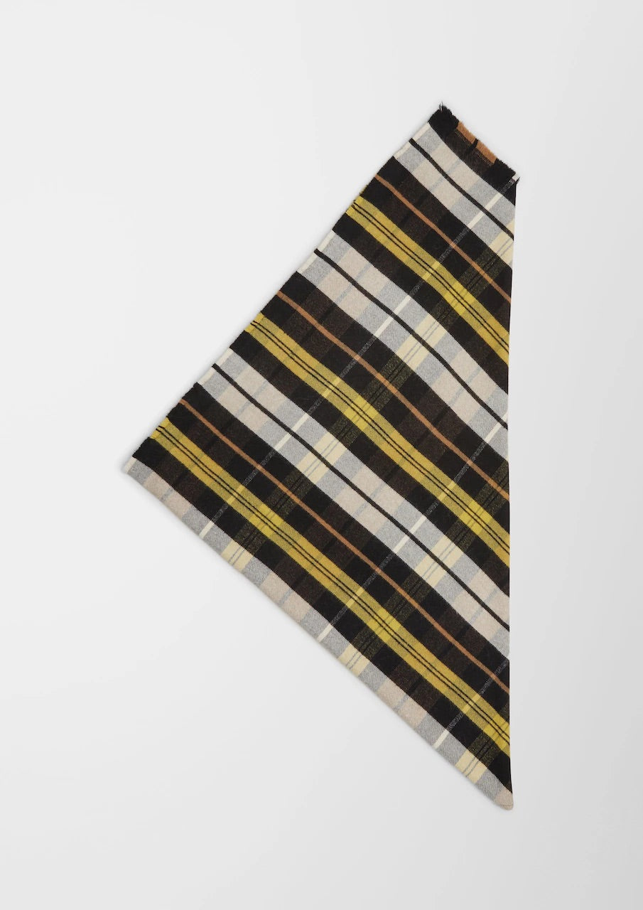 s.Oliver square scarf with black, mustard yellow, cream and grey checks over a black top against a neutral background.