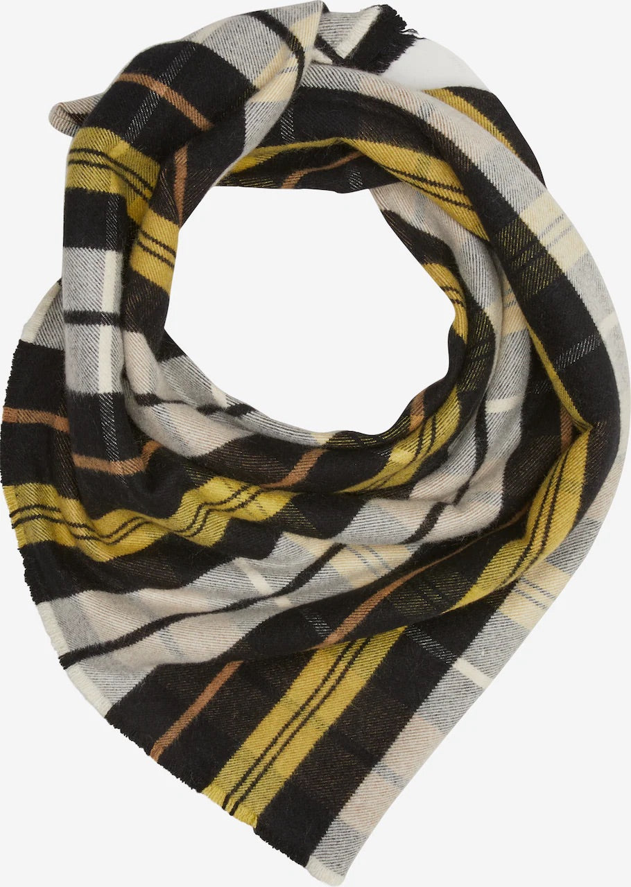 s.Oliver square scarf with black, mustard yellow, cream and grey checks over a black top against a neutral background.