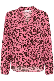 Front view of the Saint Tropez EDASZ blouse in Chateau Rose Animal, with a pink animal print, V-neck, stand collar and long sleeves.