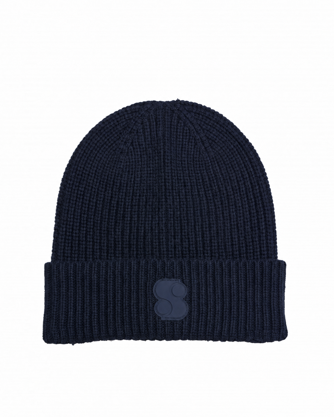 s.Oliver women’s navy blue ribbed beanie with a folded cuff and tonal S patch on a white background