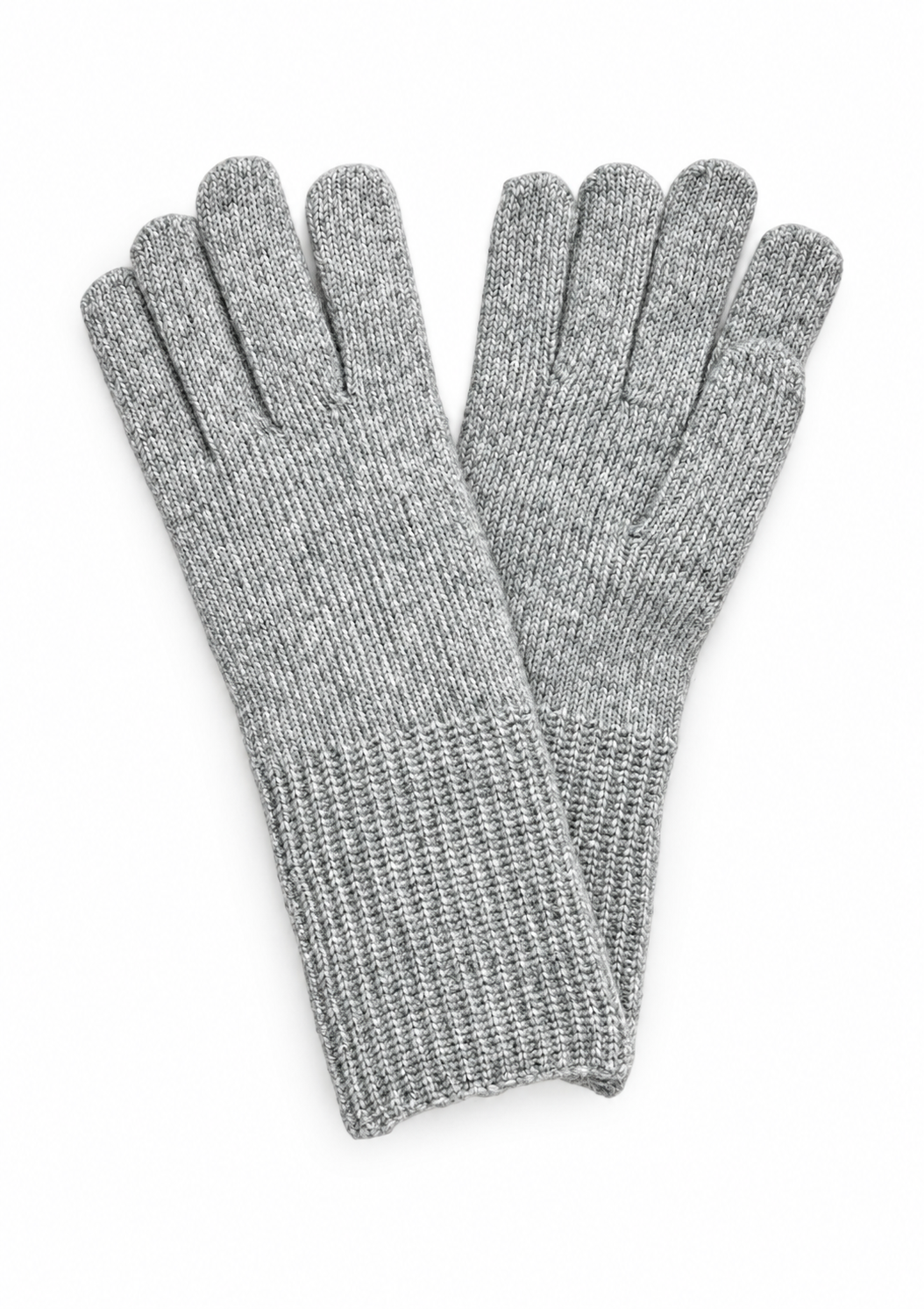 Pair of light grey melange s.Oliver knitted gloves with long textured cuffs on a white background