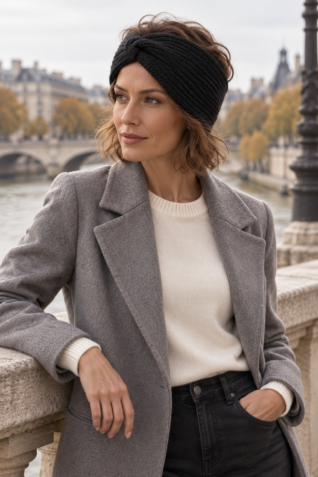 Woman wearing a black s.Oliver twist headband and grey coat beside a city river