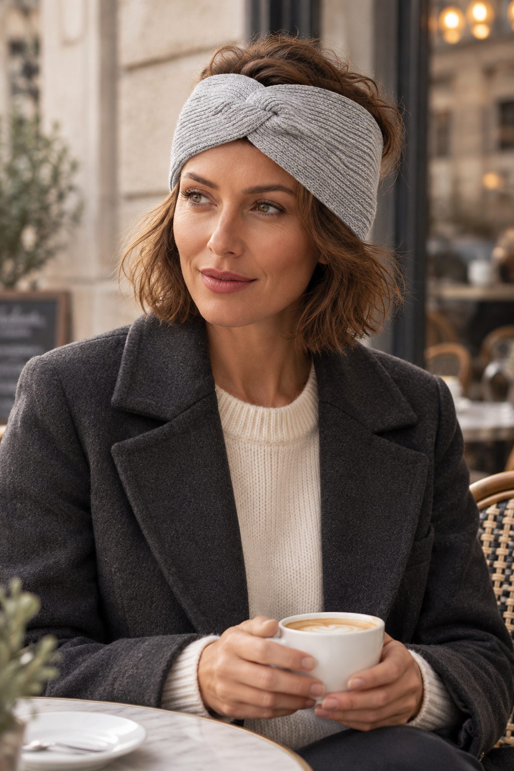 Woman wearing a grey s.Oliver twist headband and dark coat at an outdoor cafe