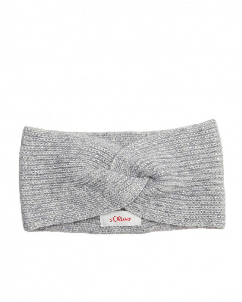 Grey melange s.Oliver knitted headband with a twist front on a white background