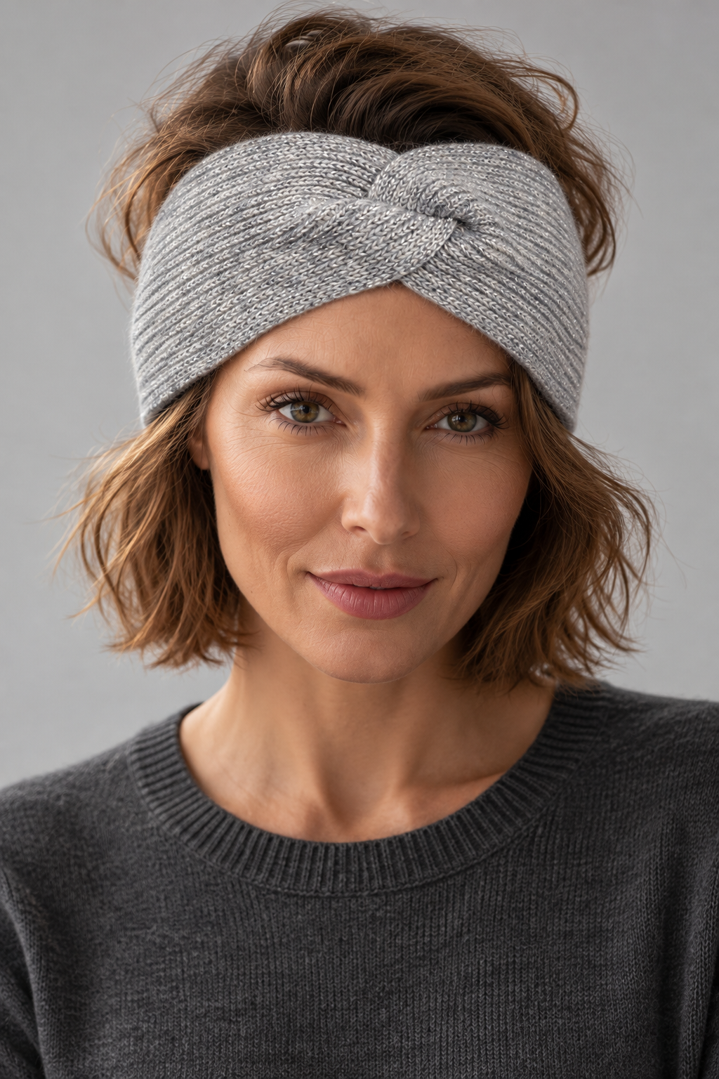 Woman wearing a grey s.Oliver twist headband with a dark jumper against a neutral background