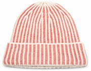 s.Oliver papaya pink and cream striped knitted beanie with a wide turn-up brim on a white background