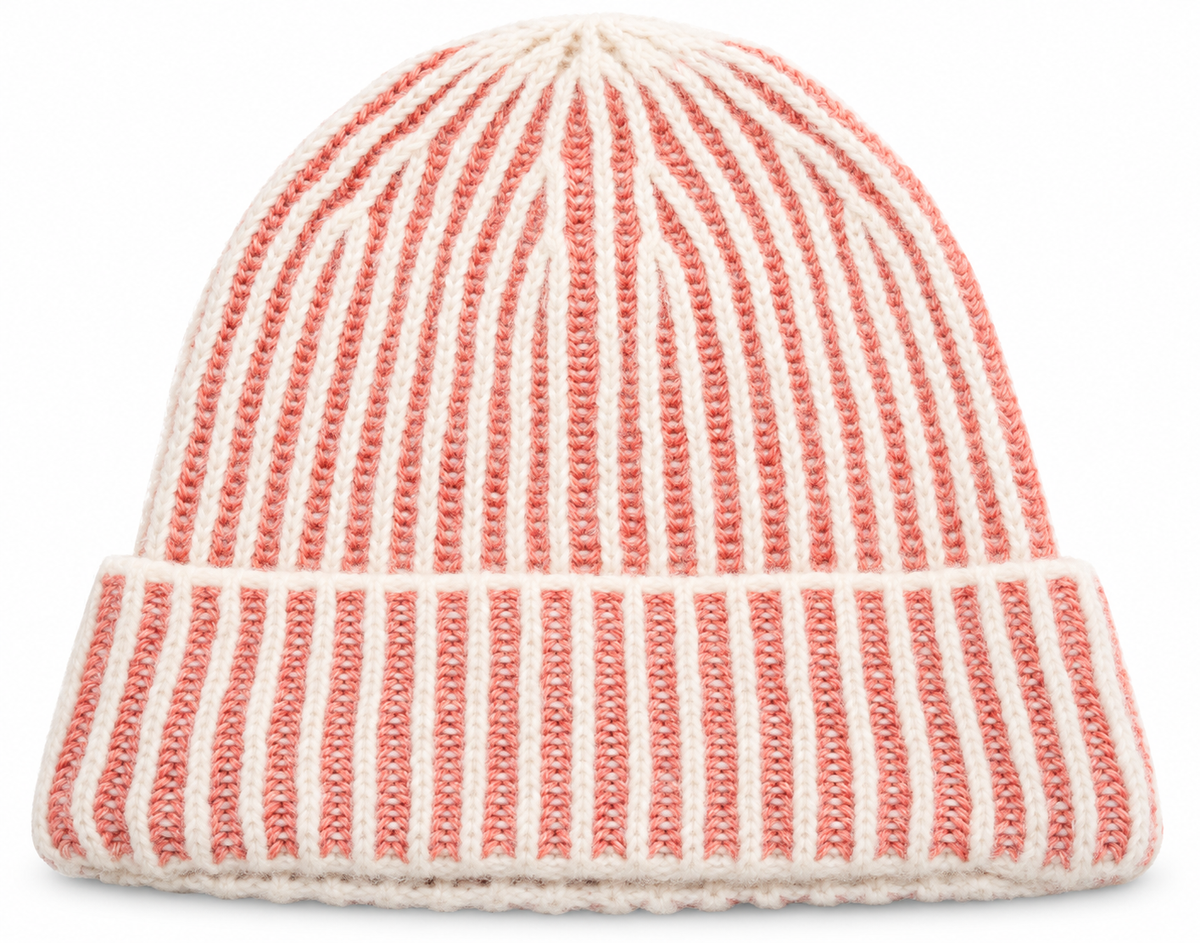 s.Oliver papaya pink and cream striped knitted beanie with a wide turn-up brim on a white background