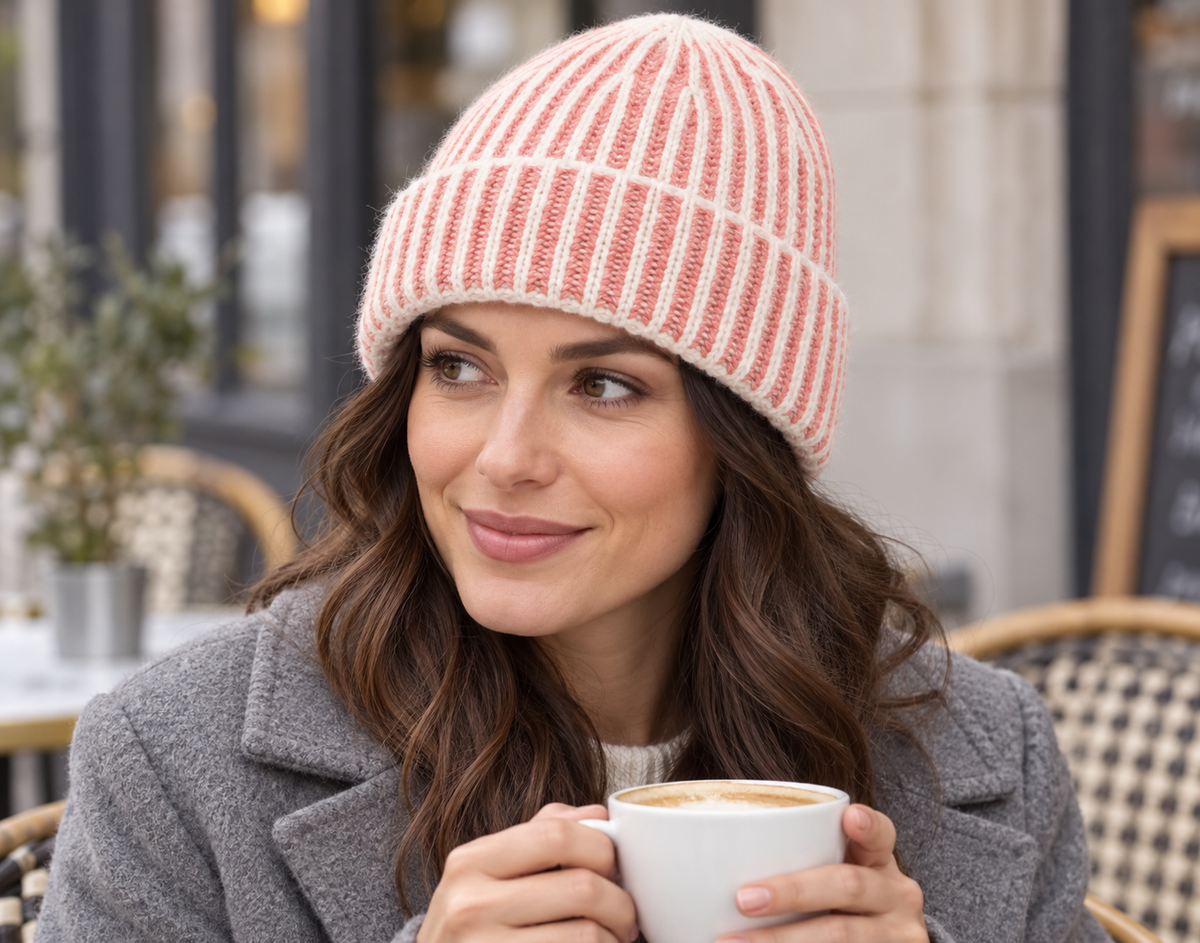 Woman wearing an s.Oliver papaya and cream striped beanie with a grey coat at an outdoor café