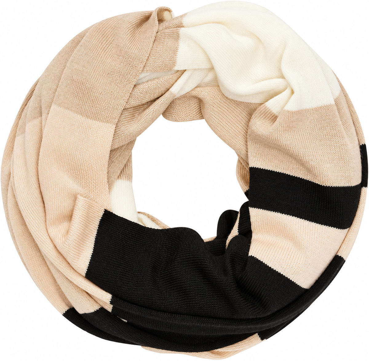 Close-up of the s.Oliver striped loop scarf arranged in its closed circular shape
