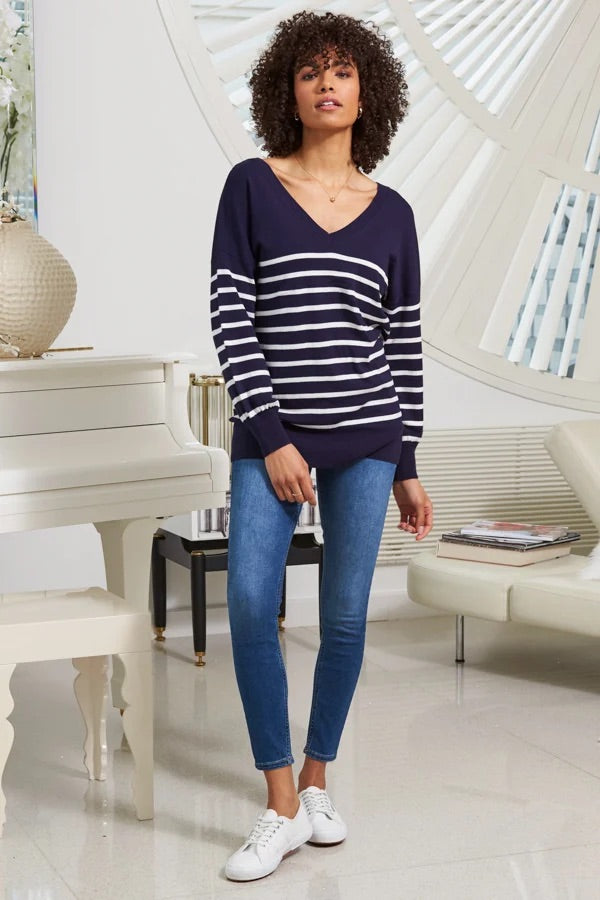 b.young Navy & White Stripe V-Neck Sweater