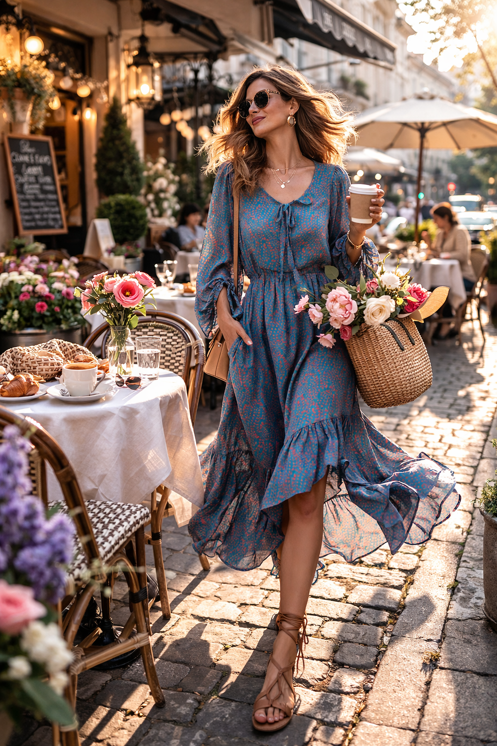 Sorbet SBSAPHIA virágmintás midiruha - kékeszöld